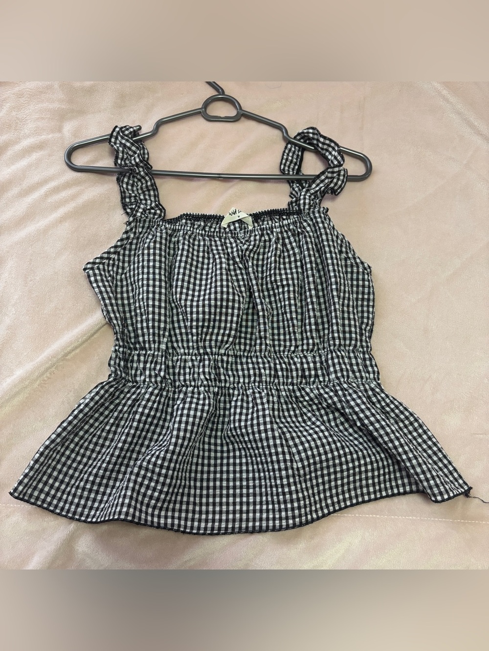 Gingham Smocked Peplum Tank Top - Black/White